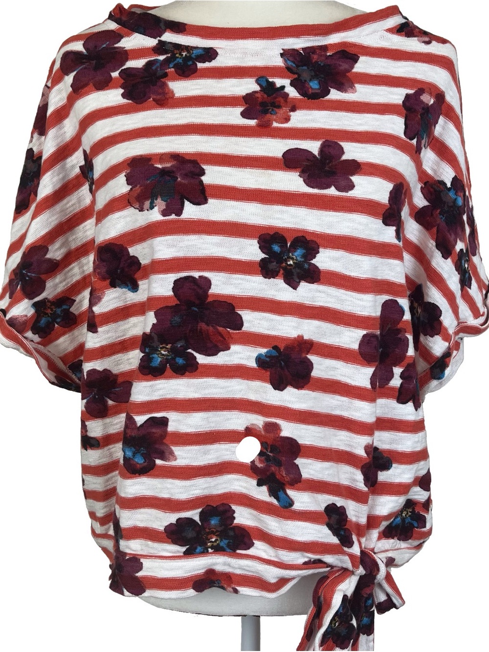 Anthropologie Postmark Top Striped Floral Print Tie Waist Boat Neck Size Large